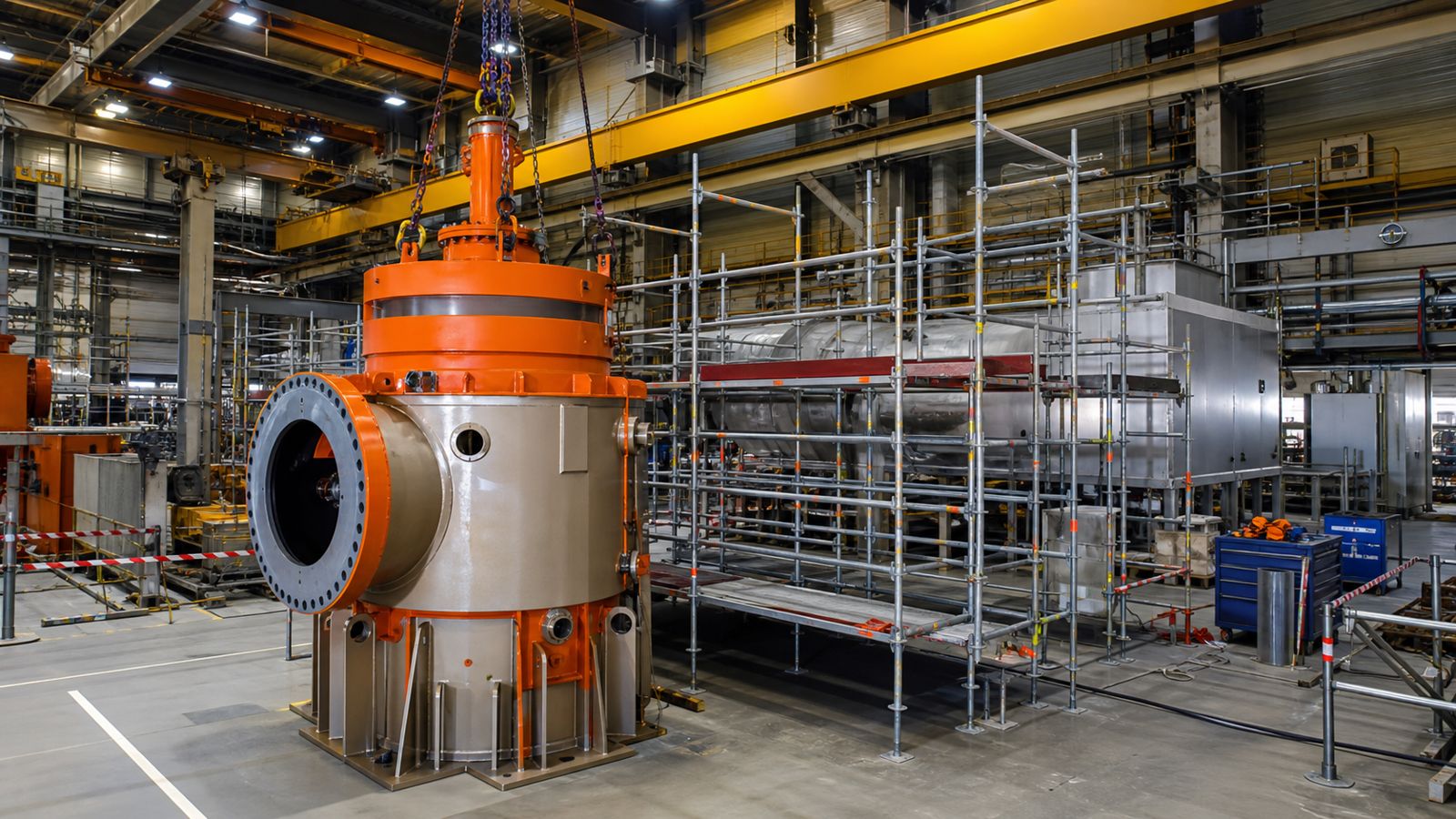 Industrielle Anlagenhalle mit Gerüst und Großkomponente